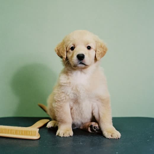 A puppy sitting on the grooming table beside a brush